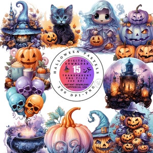 Halloween pastel clipart png set, 15 halloween clipart, commercieel gebruik illustraties, aquarel ontwerp, png pastel
