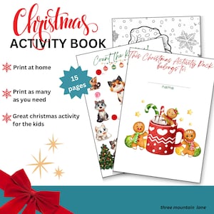 Christmas Activity Pack for Kids -Instant Download - 15 PDF pages fun activity pages, coloring, puzzles, crossword and more.