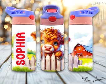 Gobelet pour enfant Vache Highland, 12 oz pour enfant, nom personnalisé, vie à la ferme, gobelet droit, téléchargement numérique PNG, personnalisé, ajout d'un nom