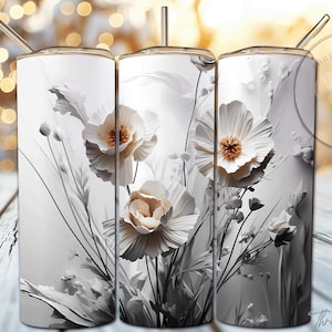 Schwarzweiße Blumen | 20 Unzen dünner Becher | Sublimationsdesign | Sofortiger digitaler Download | PNG Gerader und verjüngter Becher |