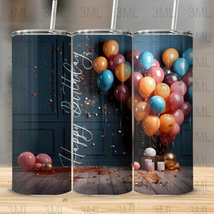 Happy Birthday Balloons Sublimation Tumbler Design Downloads 20 oz Skinny Tumbler Wrap Straight & Tapered Digital
