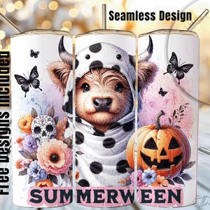 May include: A white tumbler with a whimsical design featuring a dog in a cow costume, butterflies, a skull, flowers, and a jack-o'-lantern. The word "SUMMERWEEN" is displayed at the bottom. The tumbler includes a straw.