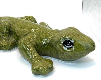 Green Gecko Ceramic Covered with Green Swirl Fabric - Handmade and One of a Kind