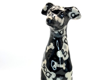 Tall Dog Looks Like a Greyhound or Whippet or ? Black with White Bones and Doggy Words -  Handmade and One of a Kind