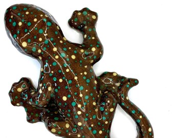 Brown Gecko covered with Dots of Whites and Blues, Hang on the Wall or Set on a Shelf - Handmade and One of a Kind