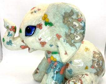 Perfect Baby Elephant Bank, Baby Animals and Flowers in All Over Printed Fabric - Handmade and One of a Kind