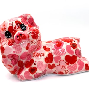Dreamy Piggy in Love with Adorable Pose, Decorated with Pink and Red Hearts Handmade and One of a Kind