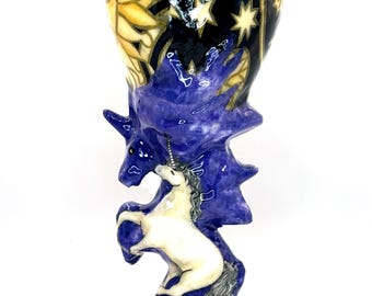 Beautiful Unicorn with Celestial Fabric Covered Ceramic Wine Goblet Handmade and One of a Kind