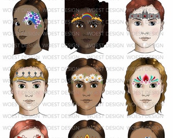 Conjunto de coronas y flores DESCARGA DIGITAL - Tablero de diseño de pintura facial Diseños de menú de tablero de plantillas de pintura facial Descarga digital