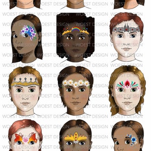 Conjunto de coronas y flores DESCARGA DIGITAL - Tablero de diseño de pintura facial Tablero de plantillas de pintura facial Diseños de menú Descarga digital
