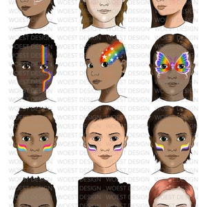 May include: A collection of illustrated faces with vibrant face paint. The designs include rainbows, stars, and butterfly motifs, alongside pride flag representations. The artwork is presented on a white backdrop.