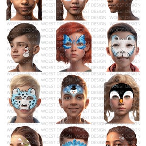 Op de afbeelding: Een collage van negen afbeeldingen die kinderen laten zien met winterthema-gezichtsverf. De ontwerpen omvatten een sneeuwpop, een pinguïn, een sneeuwvlok, een vlinder, een ijsbeer en een kristallen ijskroon.