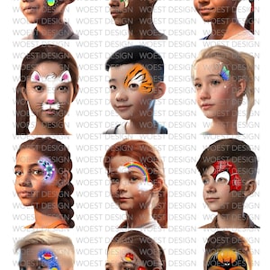 Op de afbeelding: Een verzameling kinderen met kleurrijke gezichtsverfdesigns. De ontwerpen omvatten een spin, een dinosaurus, een tijger, een vlinder, een regenboog, een spinnenweb, een kat en een pompoen.