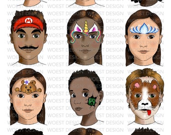 Basic face paint Set B DIGITAL DOWNLOAD - Face paint design board Face painting template board menu designs Digital download