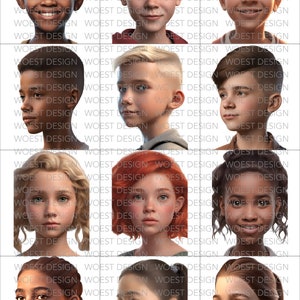 May include: A collage of eight different portraits of children with various hairstyles and skin tones. The children are looking directly at the camera.