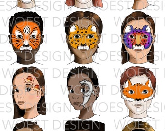Tablero de pintura facial Conjunto de animales DESCARGA DIGITAL - Tablero de diseño Plantilla de pintura facial Menú del tablero