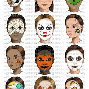 Könnte beinhalten: Eine Collage aus 12 Bildern mit verschiedenen Halloween-Schminkdesigns. Die Designs umfassen einen Schädel, eine Hexe, einen Zombie, eine Mumie, einen Clown, ein Spinnennetz, einen Kürbis, einen Vampir, Frankenstein, einen Schmetterling und ein Skelett.