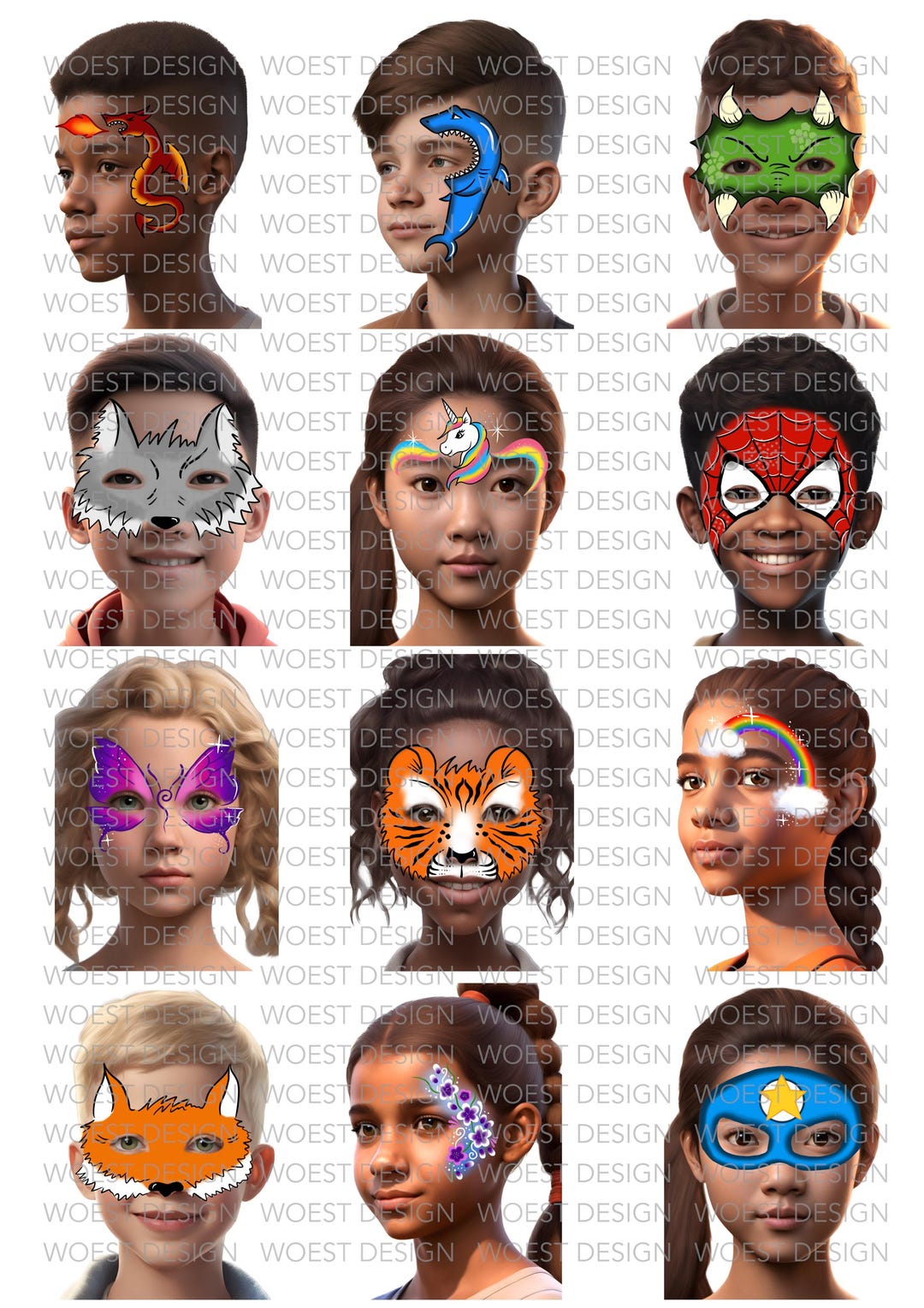 Basic Set A Realistic Style DIGITAL DOWNLOAD - Face Paint Design Board ...
