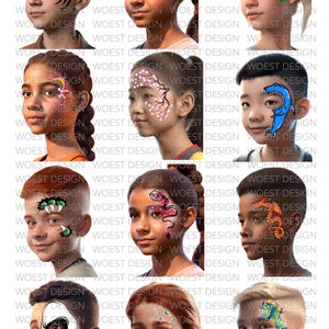 May include: A selection of children's faces, each adorned with intricate face paint designs. The designs feature a tribal pattern, floral arrangements, a shark, a snake, a dragon, a skull, and other vibrant patterns. The background repeats the text "WOEST DESIGN".