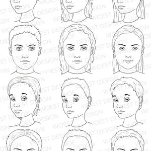 Può includere: Un set di otto disegni in bianco e nero di volti di bambini. Ogni viso è delineato e presenta tratti semplici, tra cui occhi, naso, bocca e capelli.