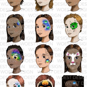 May include: Nine different face painting designs for kids. The designs include a rainbow, a tiger, a spider, a cat, a butterfly, a dragon, a galaxy, a bat, and a flower.