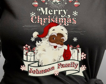 Zwart kerstshirt met de Kerstman: grappige bijpassende T-shirts voor het hele gezin