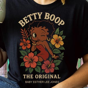 Betty Boop-T-shirt met bloemen: retro grafisch zwaar katoenen T-shirt