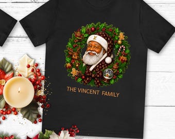 Black Santa Claus Wreath tee | Personalized Family Name Christmas Shirt