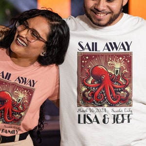 Cruise Sail Away T-shirt, gepersonaliseerd art-deco T-shirt, groepsoverhemd familievakantie
