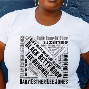 Camiseta unisex con nube de palabras de Betty Boop, estilo retro divertido, perfecta para fanáticos, ropa informal, regalo de cumpleaños, camiseta de estilo nostálgico, no laves con blanqueador