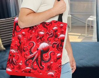 Travel Tote Bag with Red Octopus Design, Cruise Bag, Packing Organizer, Organization Essential, Travel Pouch(AOP)