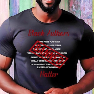 May include: A black t-shirt with the text "Black Authors" printed on the front. The text is crossed out with a red stamp that says "Banned".