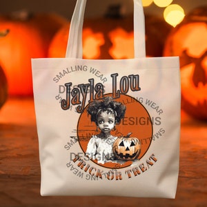 Personalisierte Halloween-Tasche, Süßes Leckerei, Vintage, Hexe mit Kürbis, Baumwoll-Leinwand-Einkaufstasche