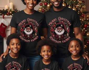 クリスマスファミリーシャツ アフリカ系アメリカ人リースTシャツ、コケットクリスマス、黒人サンタクロースTシャツ、パーソナライズされたファミリークリスマスギフト