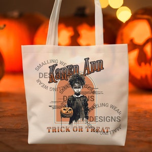 Personalisierte Halloween-Tasche, Süßes Leckerli, Vintage, Hexe mit Kürbis, Baumwoll-Leinwand-Einkaufstasche Karen Ann süße Halloween-Tasche