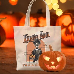 Personalisierte Halloween-Tasche, Süßes Leckerli, Vintage, Hexe mit Kürbis, Baumwoll-Leinwand-Einkaufstasche Karen Ann süße Halloween-Tasche