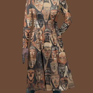 African Mask Print Midi Dress: Long Sleeve Polyester Spandex Blend