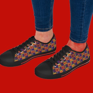 Adrinka Symbols Kente Print Low Top Sneakers, African Inspired Footwear, Unique Kente Shoes, Womans