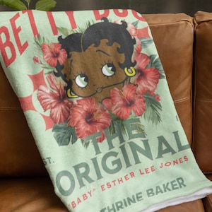 Black Betty Boop Personalized Floral hibiscus Throw,  Blanket,Retro Decor, Gift for Fans, Kids Room, Spring Decor, Cozy Blanket