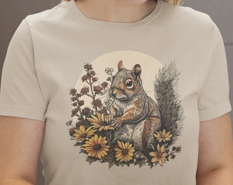 Squirrel Sunflower Graphic Tee: Cottogecore Botanical Shirt