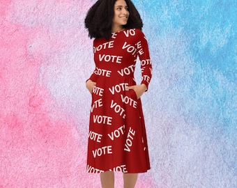 Vestido de manga larga con estampado integral en rojo o azul.