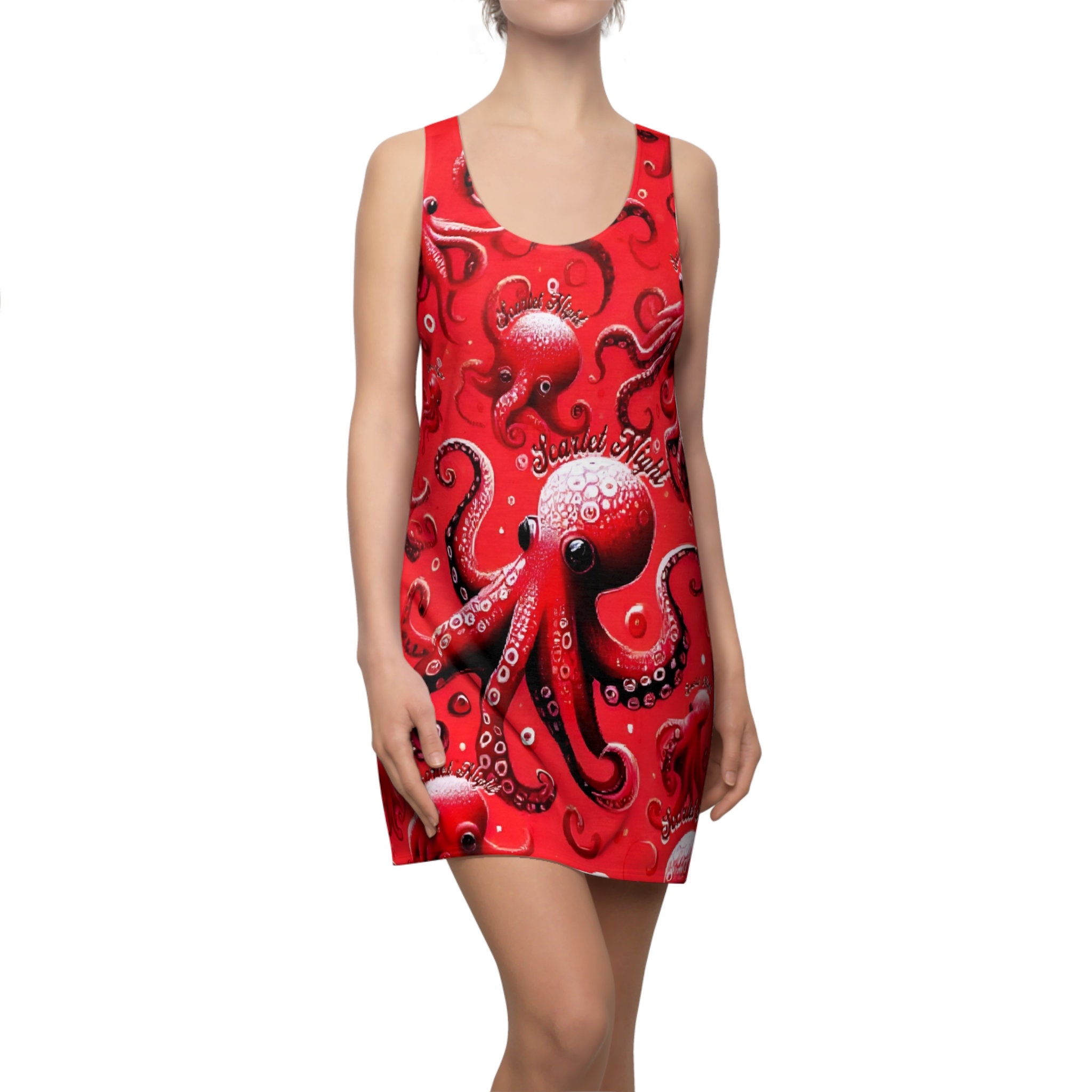 red octopus dress Scarlet Octopus Print Dress: Voyage-inspired Racerback Party Dress