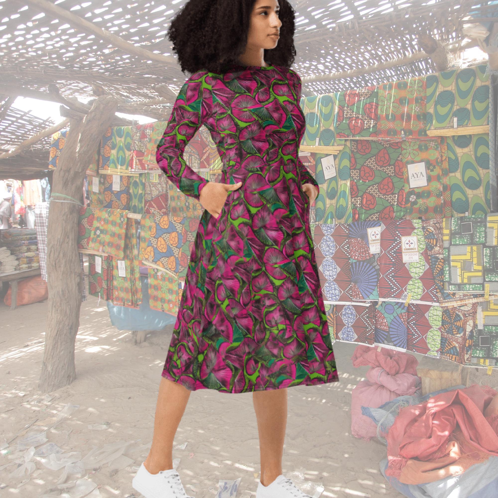 Pink & Green African Print Midi Dress: Afrocentric Long Sleeve Pocket Dress Pink & Green African Print Midi Dress: Afrocentric Long Sleeve Pocket Dress