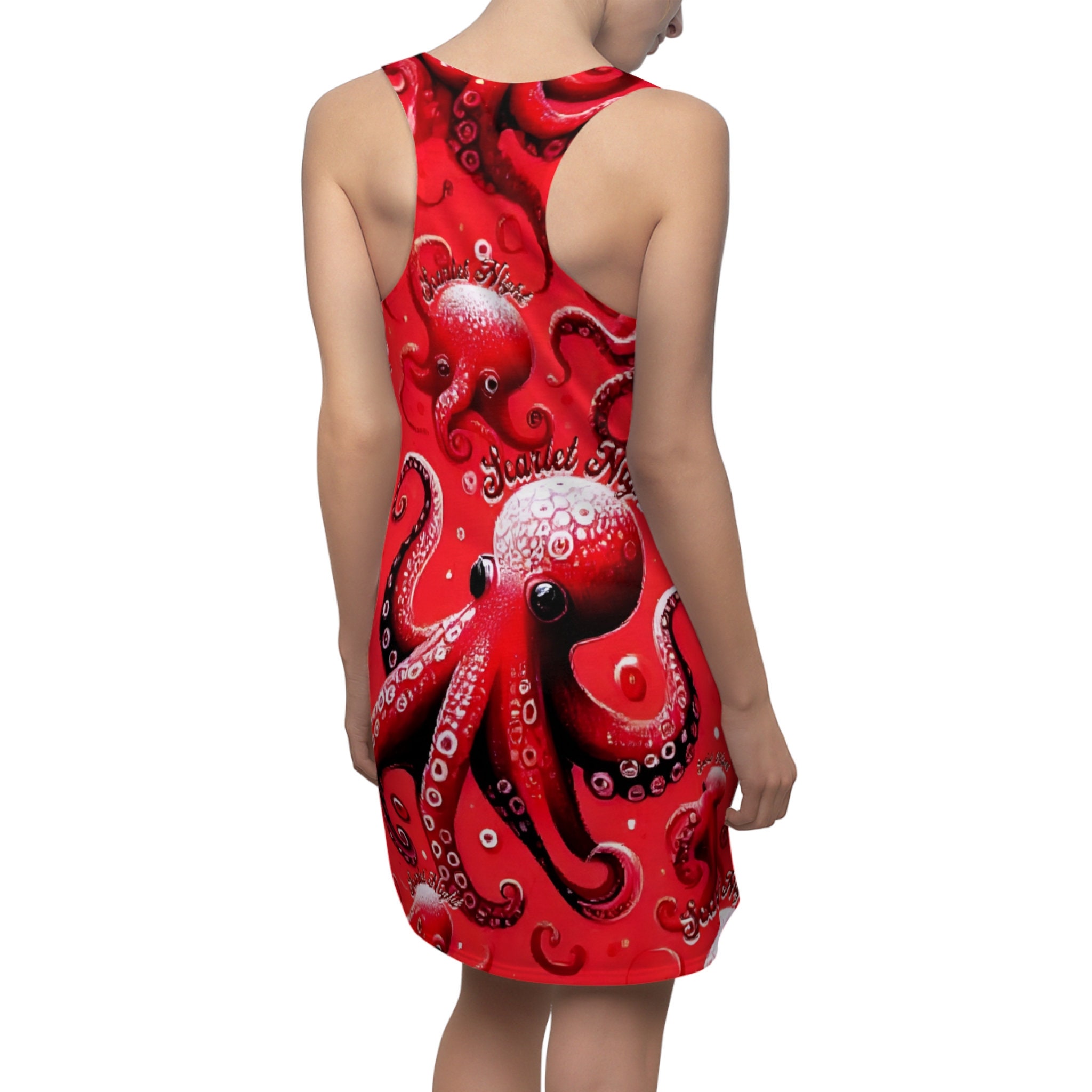 Scarlet Octopus Print Dress: Voyage-Inspired Racerback Party Dress