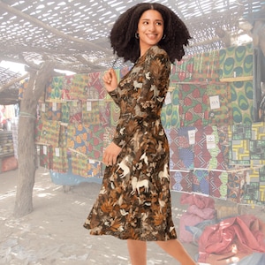 African Print Midi Dress: Brown Cream Zebra Botanical Party Dress