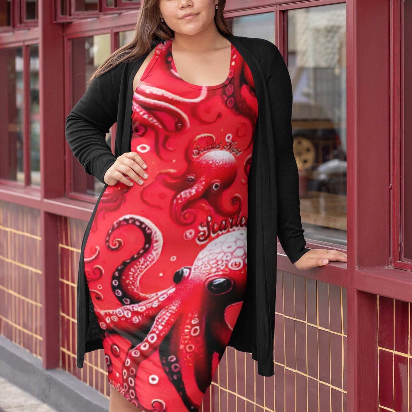 Scarlet Octopus Print Dress: Voyage-Inspired Racerback Party Dress