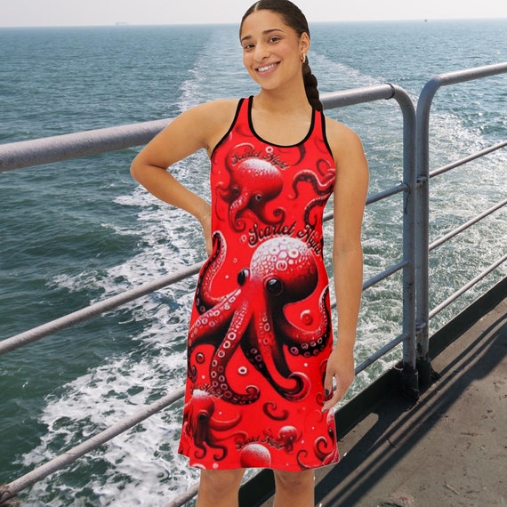 Scarlet Night Red Dress, Octopus Print, Cruise Ship Party Dress, Voyage Inspired, Unique