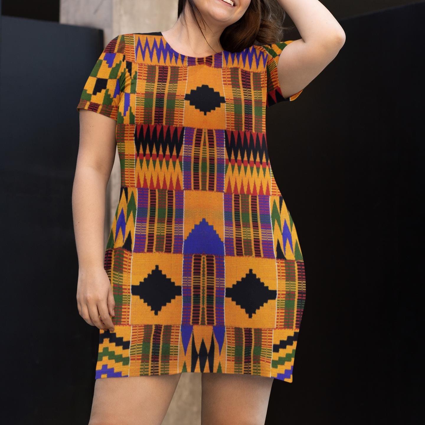 kente shirt dress Vibrant Kente Print T-Shirt Dress: African Style Polyester Fabric