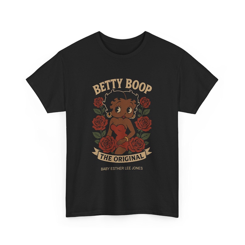 Camiseta negra con estampado floral de Betty Boop: Camiseta unisex con estampado retro. imagen 5