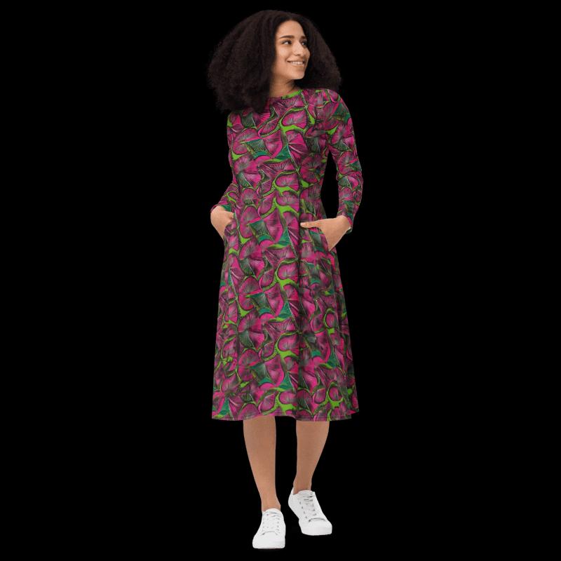 pink and green african print dress Ayo Caladium Pink-Flash Dress (Stretchy African Print in Pink and Green)